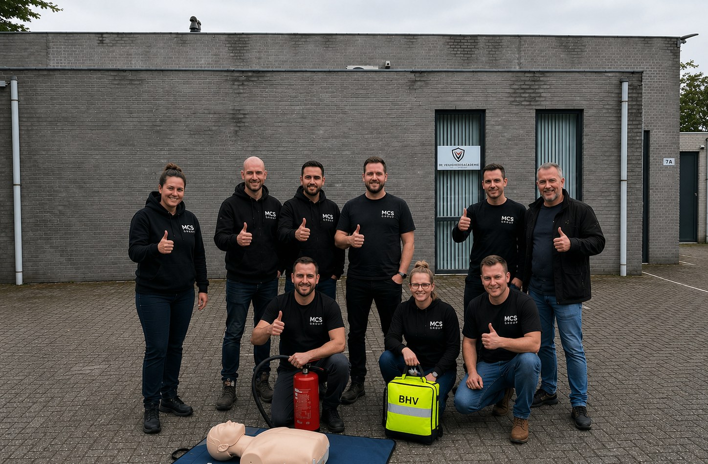 Team van MCS Group na een praktijkgerichte BHV-training bij De Veiligheidsacademie op Maastricht Airport